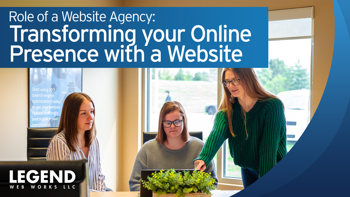 Three women around a laptop, one of the women is pointing to the screen. The text reads, "Role of a Website Agency: Transforming Your Online Presence with a Website" 